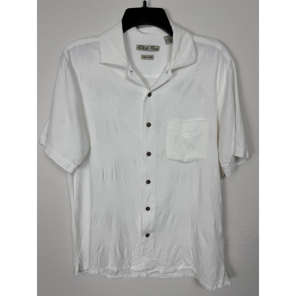 Batik Bay Button Down Shirt Men's M White Tropical Jacquard Rayon Short Sleeve